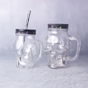 glass mason jar with handle tin lid and straw 450ml