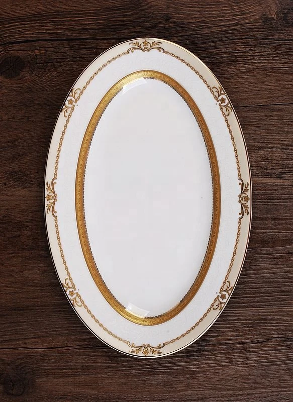 Gold rimmed luxury oval serving ceramic platter plates