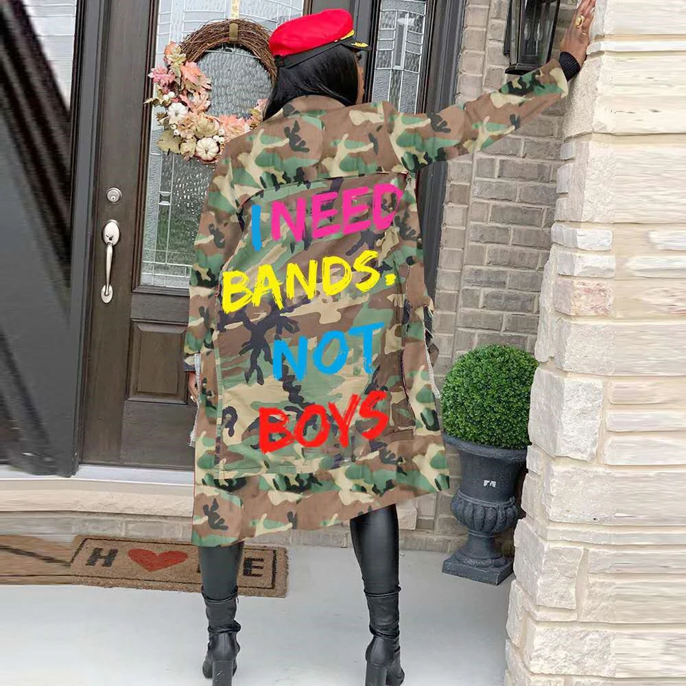 Good Quality Wholesale Custom Wind Breaker Women Windproof Fashion casual camouflage print patch long coat military coat