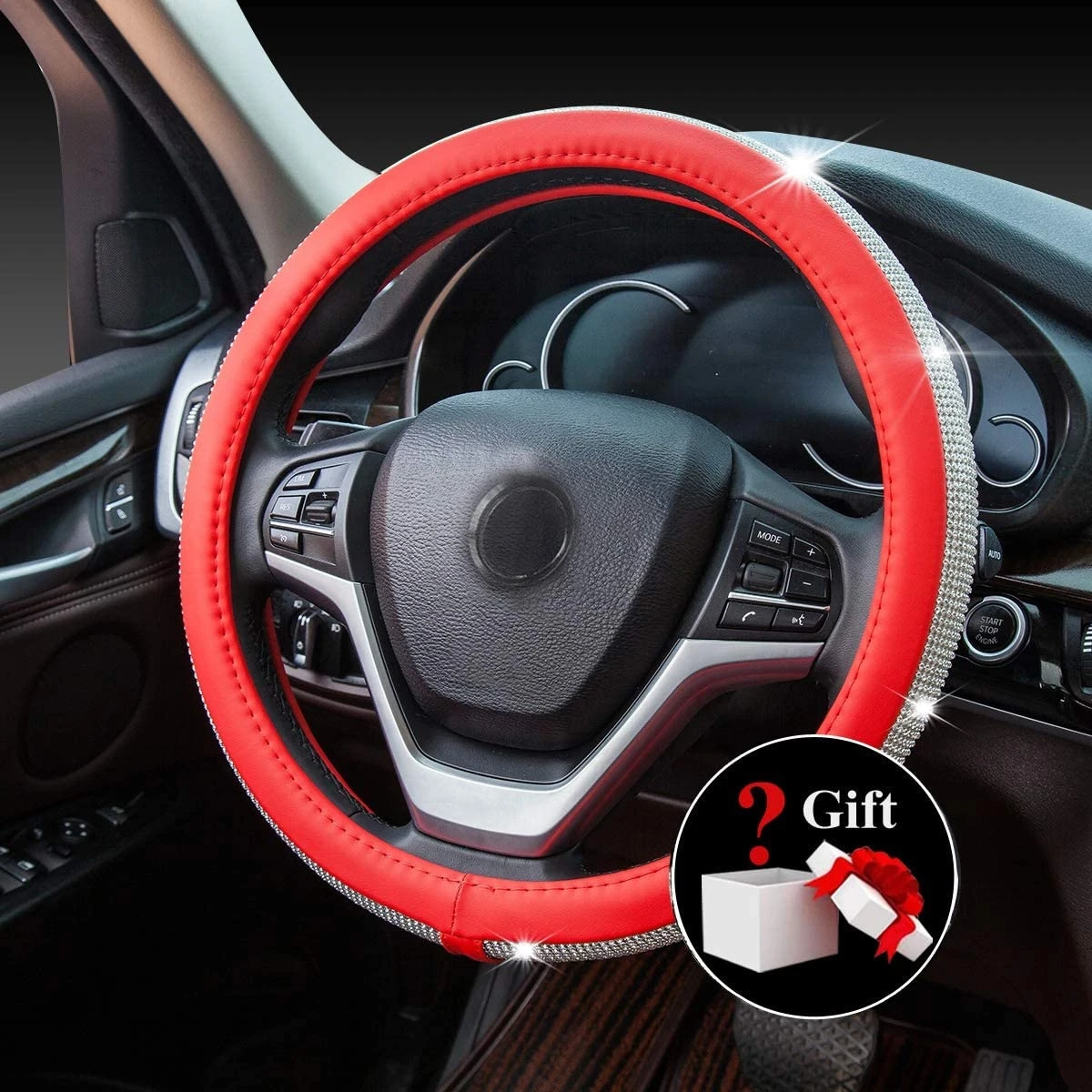 Gutsbox Upgraded Diamond Leather Steering Wheel Cover with Bling Bling Crystal Rhinestones