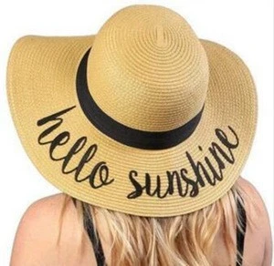 Hello sunshine letter printing women straw hat black ribbon decorative beach straw hat