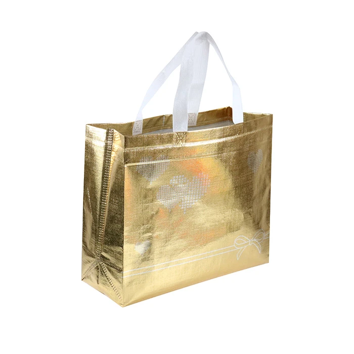 High Quality Reusable Ultrasonic Gold Aluminum Film Tote Non Woven Bag For Shopping Cosmetic Promotion Packaging