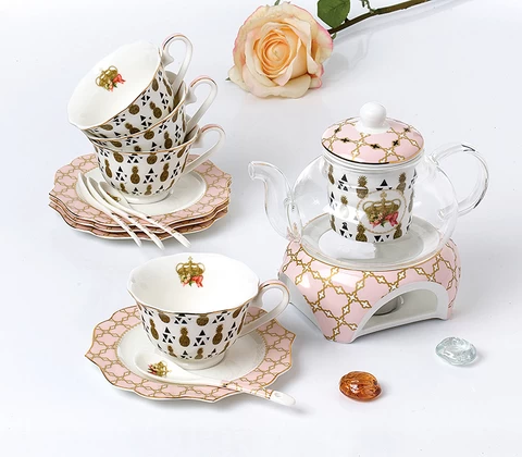 hot selling tea set with glass teapot with warmer 15PCS TEA SET (4PCS TEA CUP AND SAUCER&4SPOON &GLASS TEA POT WITH WARMER)