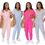 Hot selling Women Casual Solid Trousers O-Neck Short Sleeve Tie Belt 2 piece set