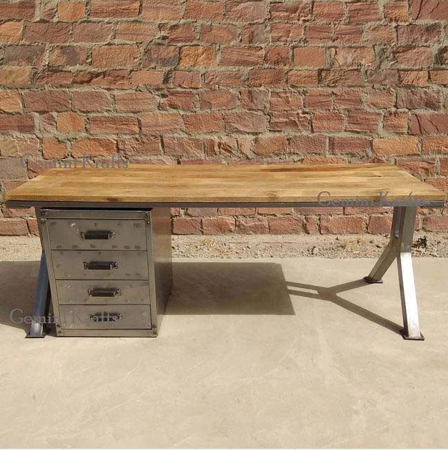 Industrial Office Desk, Iron &amp; Solid Wood Study Desk Furniture