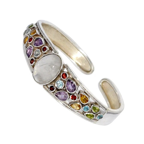 Jewelry Manufacturer .925 Sterling Silver Moonstone and Multi Gemstone Cuff Bracelet