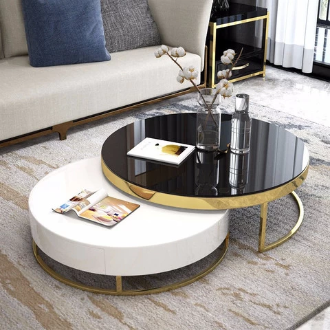 Luxury Furniture Marble Top Gold Stainless Steel Frame Sectional Glass Round Coffee Table