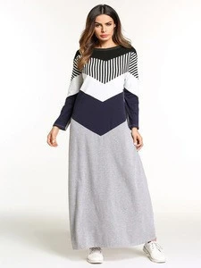 Mideast Europe Ladies Wear Women Casual Plus Size  Long Stripe Dresses Loose O Neck Long Sleeve Maxi Dress