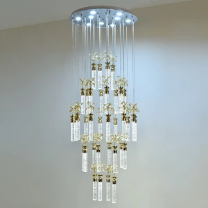 Modern style luxury indoor lights gold round plate pendant lamps staircase long hanging crystal chandeliers
