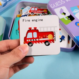 Montessori Wooden Toys  Baby Kids Cognition Puzzles Game Cartoon Puzzle Cards Matching Education Game in Iron Box