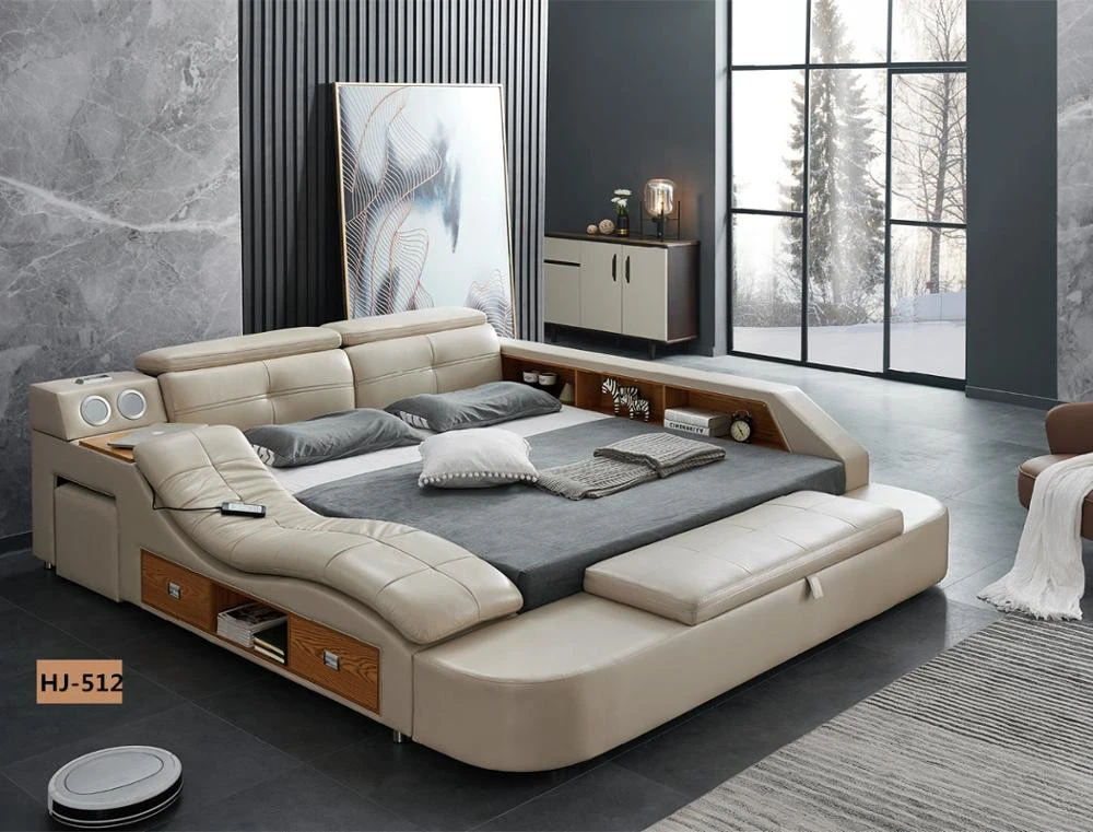 Multifunctional bedroom furniture set modern half leather electric massage bed
