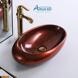 New arrived red copper color antique oval ceramic sanitaryware countertop bathroom vessel sink hand wash art basin