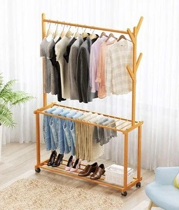 New Bamboo Rolling Garment Clothes Laundry Rack with 4 Tree Stand Coat Hooks Shoe Storage Shelves