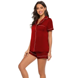 New fashion quick-drying comfortable short pure color polyester real 100% silk pajamas set women