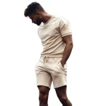 New mens light khaki short-sleeved T-shirt shorts sports suit custom LOGO