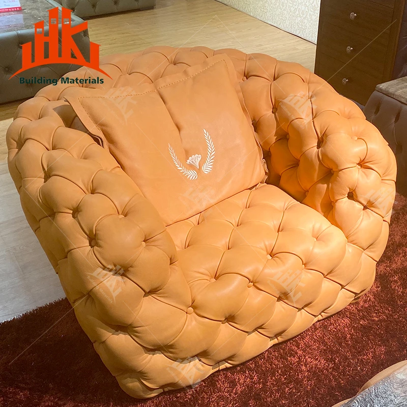 Orange color luxury royal style home furniture genuine leather sofa