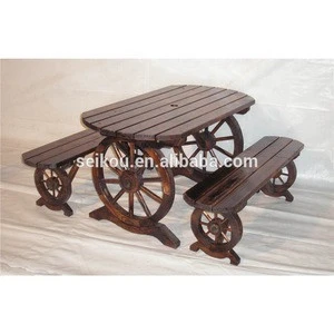 Outdoor Garden Wooden Furniture Set Wheel Table and Benches
