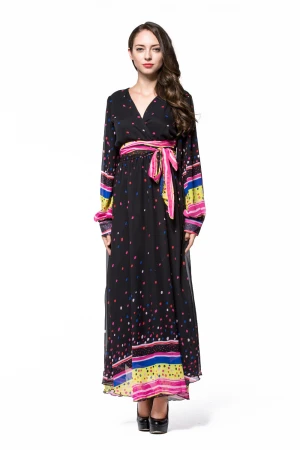 PE9031 Summer Soft Chiffon Long Dress Floral Printed Long Sleeves Party Beauty Girls Dresses Clothing Jilbab Djellaba Robe