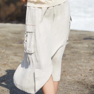 Pure linen skirt, female Amoi trend high-waisted slim white a-line skirt with big pockets