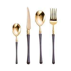 Quality guarantee knife fork spoon black handle gold cutlery set gift box wedding gold flatware
