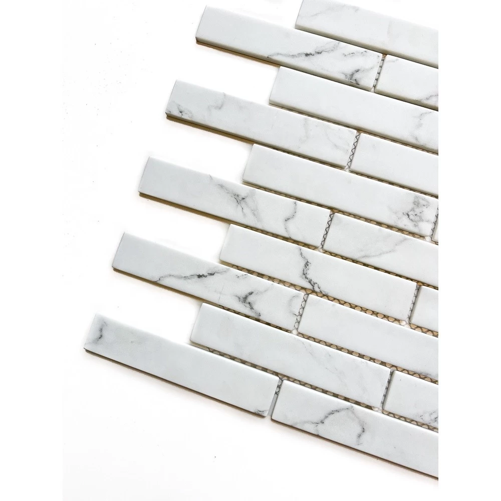 Random brick strip wall decorate marble look enameled glass recycled mosaic tile