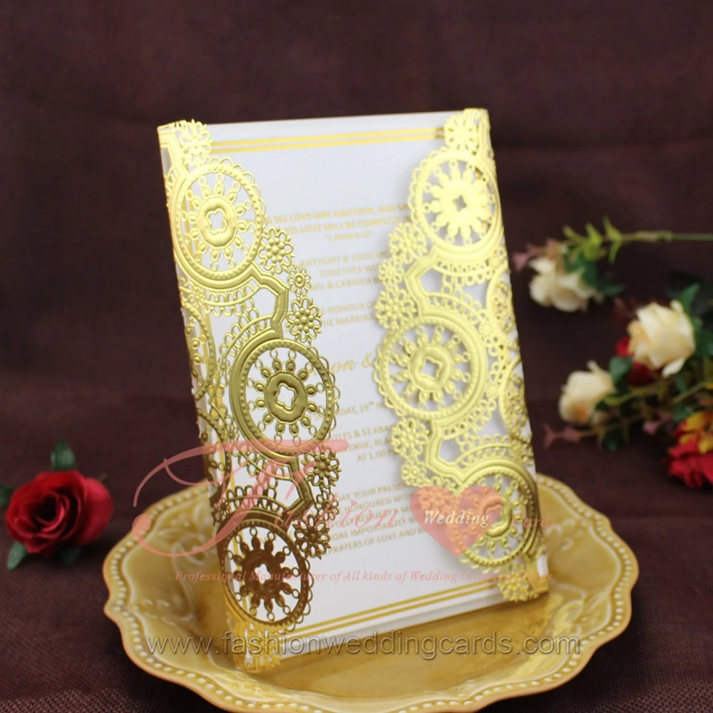 Ready to Ship Luxury Laser Cut Wedding Invitations Gold Mirror Cardstock Invitation Card