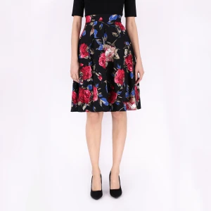 Red &amp; Multicolor Floral Printed Summer Autumn Ruffled A-line Cotton Skirt