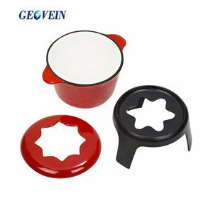 Red Porcelain Enamel Cast Iron Cheese Chocolate Fondue Set