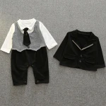 S32101W Newborn Baby Boys Clothes Set Gentleman Striped Tie Romper + Jacket Coat 2pcs Clothing Set