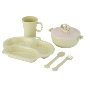 Safe plastic bamboo fiber children tableware set dinnerware with cup fork bowl