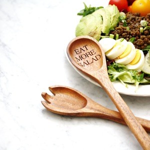 Salad Servers Acacia Wooden Salad Serving Spoon and Fork. Engraved utensils for healthy eating