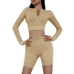 seamless long sleeve with zipper and short set woman sportswear custom women fitness yoga wear