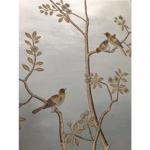 Sepia Tone - Chinoiserie Handpainted Wallpaper on Silver metallic Leaf Wallpaper