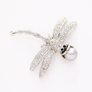 Silver rhinestone Pearl Dragonfly Brooch, Wedding Bridal Bouquet Grey Pearl Broaches, DIY Jewelry Crystal Dragonflies Brooches