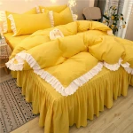 Skin-Friendly Solid Color Korean Princess 4Pcs Soft Bed Skirt Bedding Set/