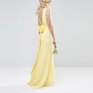 sleeveless low back bridesmaids dresses floor length plain yellow sateen bridesmaid dress