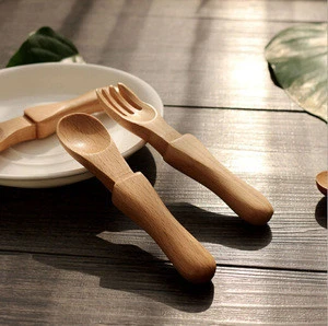 Small Wooden Dessert Spoon Fork Set Baby Kids Use Wood Spoons and Forks