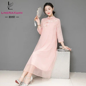 Spring and summer Chinese national cheongsam dress silk embroidery vintage clothes for women