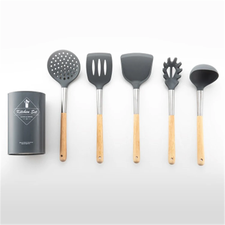 Stainless Steel Silicone Kitchen Utensil Set With Wooden Handle  Kitchen Accessories