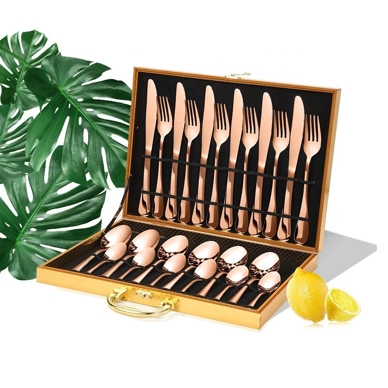 Stainless Steel Silverware Set 24-Pieces Gold Flatware Set Service of 6 Tableware Cutlery Set in Wood Case Mirror Polish