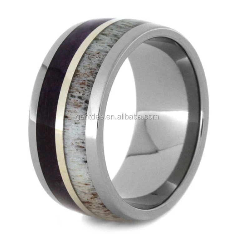 Titanium Wedding Band With Antler And Purple Box Elder Burl Inlays Mens Ring With A 14k White Gold Pinstripe