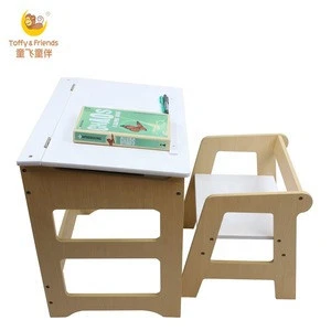 Toffy &amp; Friends natural kids wooden study table chairs set with storage space white natural