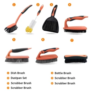 TPR & Plastic Series cleaning washing scrubbing brush with handle wood bamboo kitchen scrub cleaning brush set