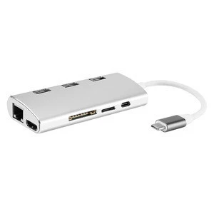 Type C to 3 Port USB3.0 Hub TF SD Card Reader HDTV PD Power and Gigabit Ethernet LAN Wired Network Adapter USB 3.0 to RJ45