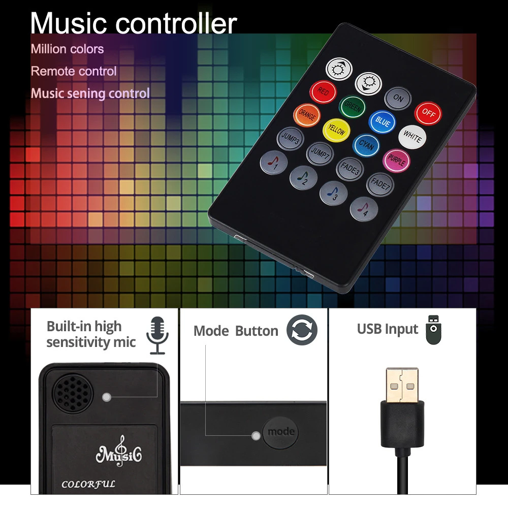 USB LED Strip 5050 RGB Music controller Sound sensor with IR Remote IP65 Music holiday LED Strip Light