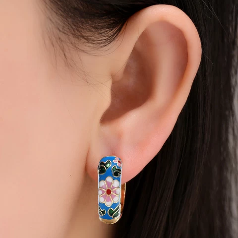 Vintage Fashion Geometric Huggie Earring Colorful Round Circle Earrings Colorful Dainty Enamel Daisy Flower Hoop Earrings
