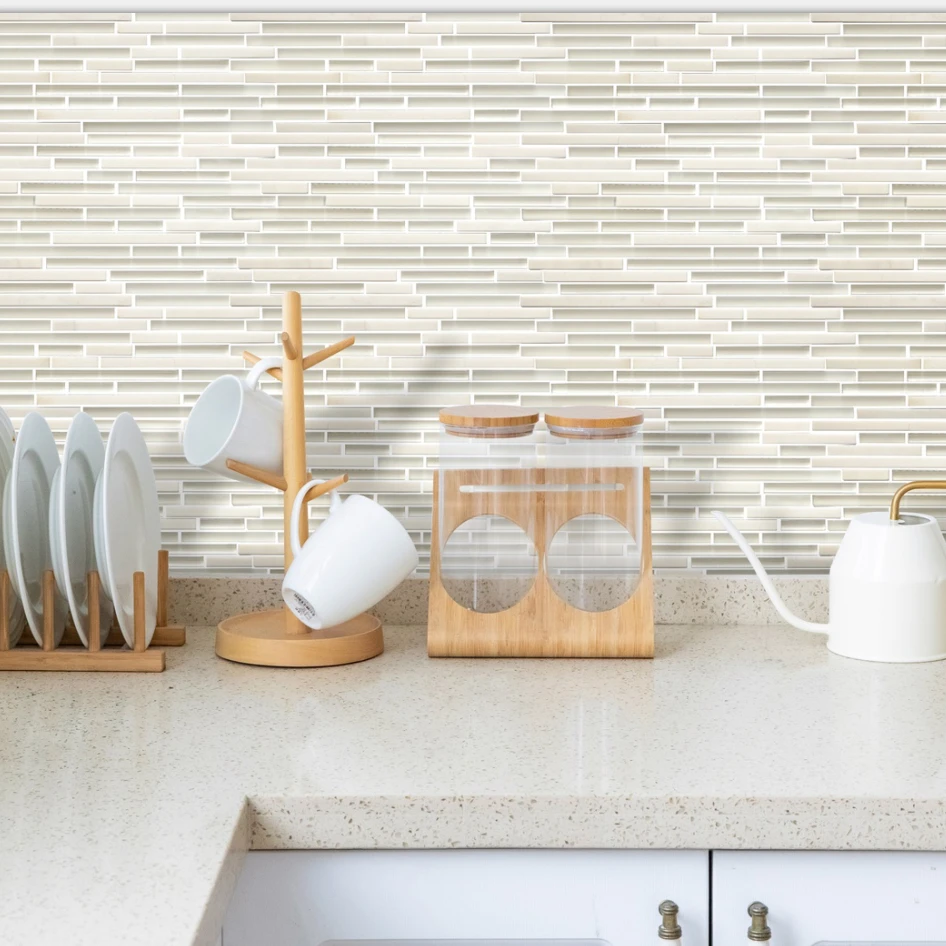 White stone and silver long strips kitchen backsplash glass mosaic tiles