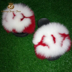 wholesale cheap luxury branded personalized fancy fox fur slippers for girls