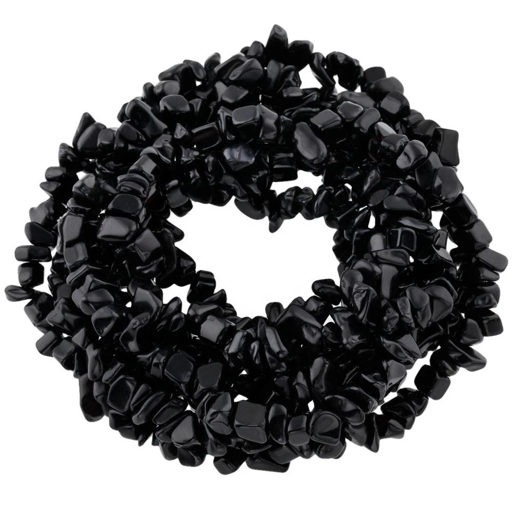 Wholesale Jewelry Making Crafts Drilled Gravel Black Obsidian Tumbled Chip Stone Irregular Shaped Loose Beads 33"