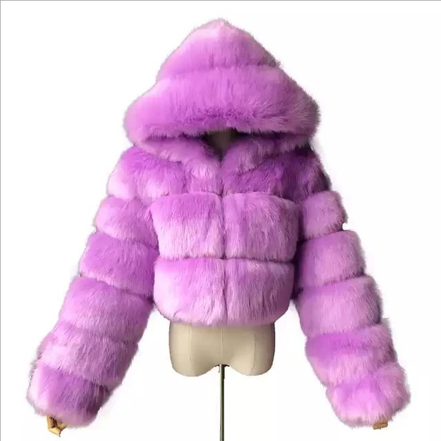 Wholesale price and short style faux fur coat with hood crop faux fur coat